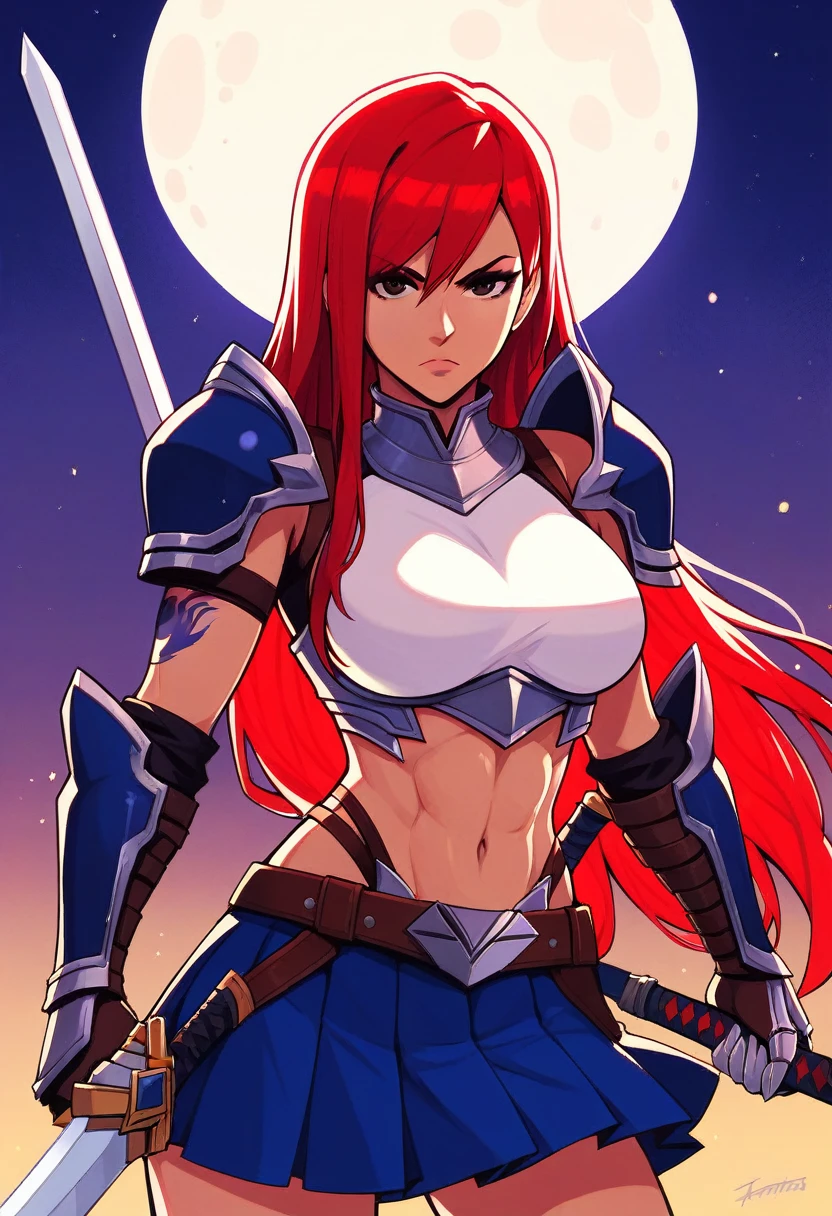 Erza, holding sword, serious, brown eyes, pauldrons,blue skirt, tattoo, gloves, breastplate, 1girl, gauntlets, belt,pleated skirt, holding weapon, red hair, shoulder armor, looking at viewer, night time, full moon, village, torches, ,masterpiece, best quality,animerza, upper body, highres