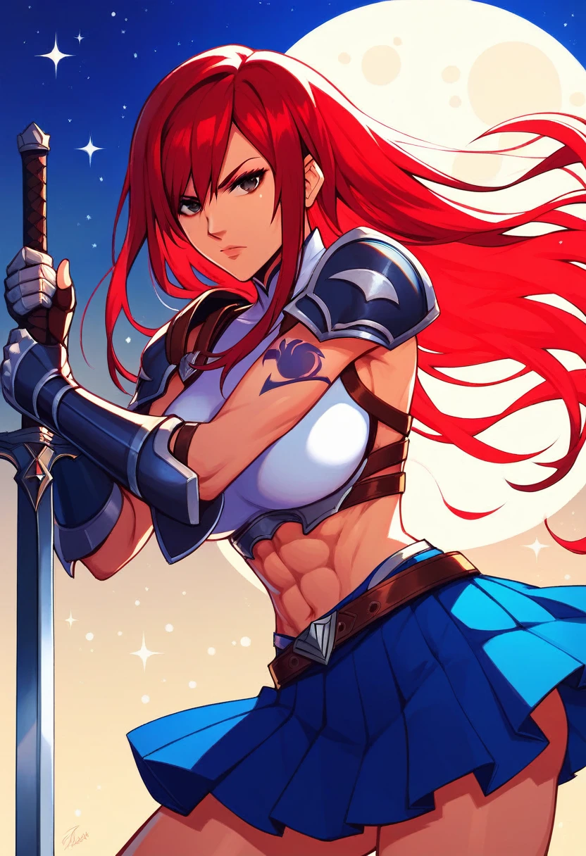 Erza, holding sword, serious, brown eyes, pauldrons,blue skirt, tattoo, gloves, breastplate, 1girl, gauntlets, belt,pleated skirt, holding weapon, red hair, shoulder armor, looking at viewer, night time, full moon, village, torches, ,masterpiece, best quality,animerza, upper body, highres