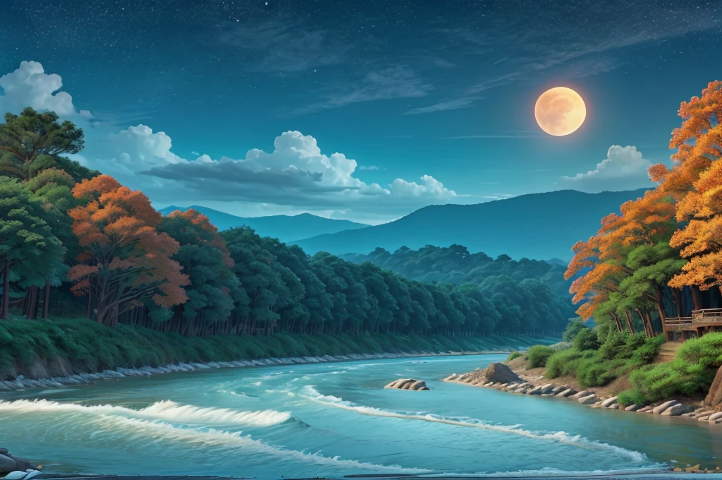 background:It's getting dark,The sunset has not yet completely faded。
River:The wide river meets the sea,The waves roll,The tide is rushing。
Scenery:远处的River和天空连成一线,Water and sky。
tone:Blue and orange gradient,Show the beauty of dusk。 Please use the above prompts to generate the picture of Spring River Moon Night