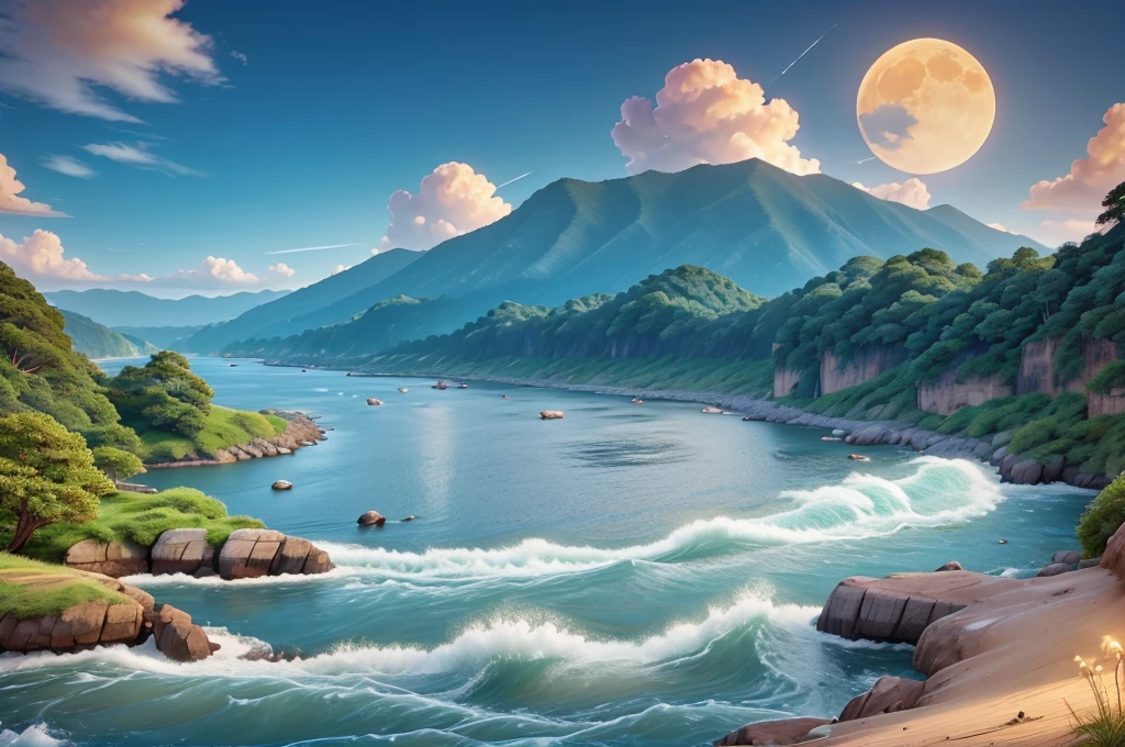 background:It's getting dark,The sunset has not yet completely faded。
River:The wide river meets the sea,The waves roll,The tide is rushing。
Scenery:远处的River和天空连成一线,Water and sky。
tone:Blue and orange gradient,Show the beauty of dusk。 Please use the above prompts to generate the picture of Spring River Moon Night
