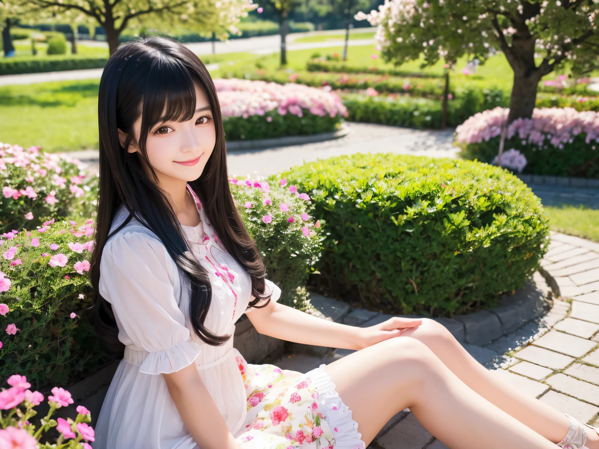 cute girl
long hair
(black hair)
gentle smile
colorful flower garden
girl sitting
clear scenery
Big cherry trees on the left and right
