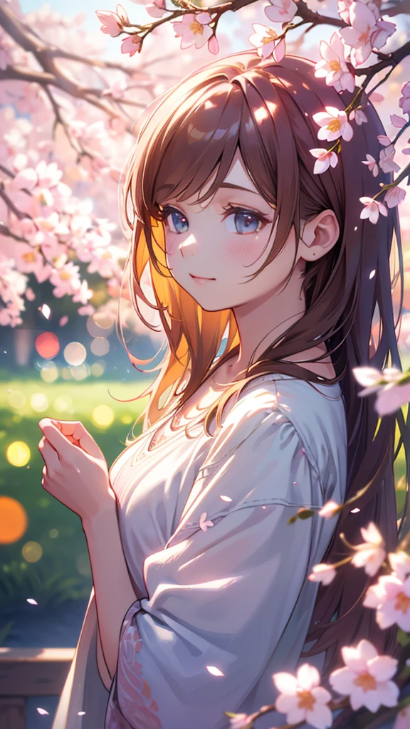 a beautiful young girl in spring, bright, the start of a new year, cherry blossoms falling, dappled sunlight, best quality, 4k, 8k, highres, masterpiece, ultra-detailed, realistic, photorealistic, photo-realistic, HDR, UHD, studio lighting, ultra-fine painting, sharp focus, physically-based rendering, extreme detail description, professional, vivid colors, bokeh, portraits, landscape, soft colors, gentle lighting, warm atmosphere