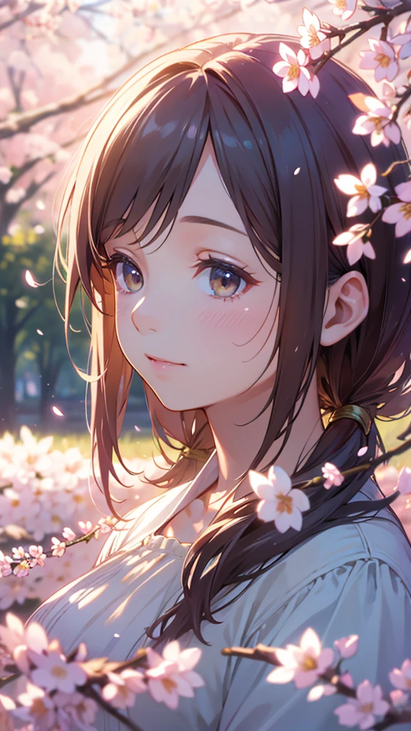 a beautiful young girl in spring, bright, the start of a new year, cherry blossoms falling, dappled sunlight, best quality, 4k, 8k, highres, masterpiece, ultra-detailed, realistic, photorealistic, photo-realistic, HDR, UHD, studio lighting, ultra-fine painting, sharp focus, physically-based rendering, extreme detail description, professional, vivid colors, bokeh, portraits, landscape, soft colors, gentle lighting, warm atmosphere