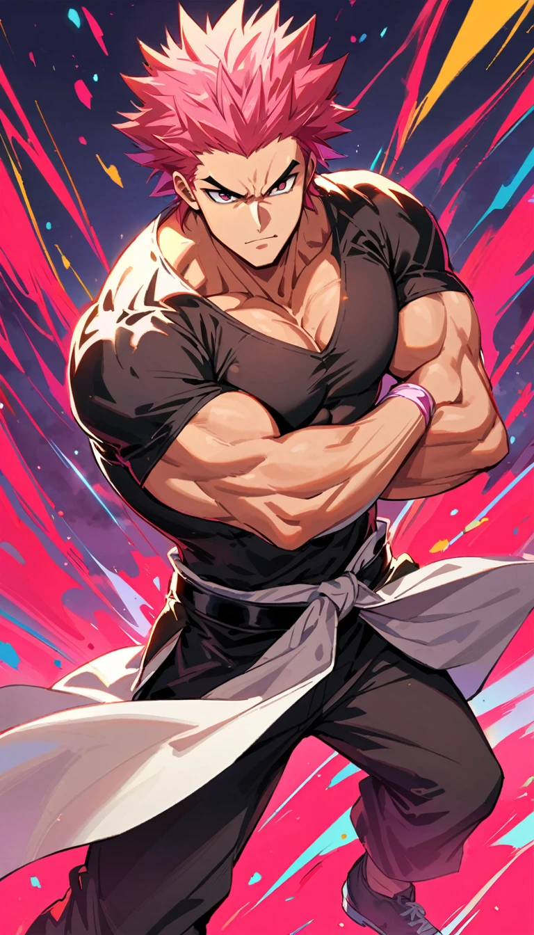 Muscular man, defined body, Developed body, Kung Fu Fighter, Red buttoned blouse, Long black pants, Black belt on waist, Spiky Hair, Black short hair (Pink hair), Wrestler's shoes, Tired look, Sitting on a heavy load in an old warehouse, Abandoned warehouse inside, medieval setting.