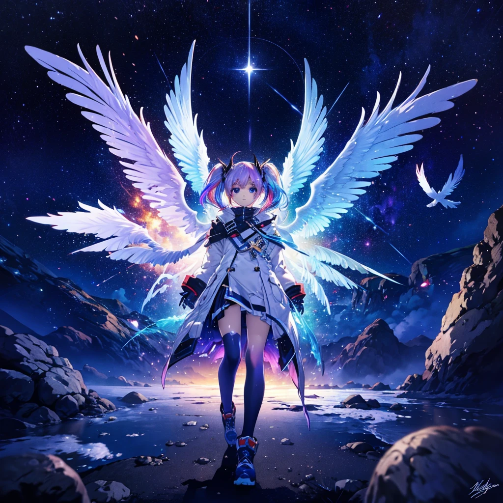 ((Archangel Fantasy Rainbow Hair Make your hair rainbow-colored on the inside Twin tails Dull blue eyes Has a galaxy uniform Put on a coat without putting your arms through it Wings many times larger than mine rainbow gradient feathers Digital Wings cyber punk Smiling Kindly front)) ((tears gloves)) (Broken glass Rolling Pebbles Distorted Space-Time star) Catch the wind milky way Shining Background Particles of light, rainbow colored edges Shining Edge star