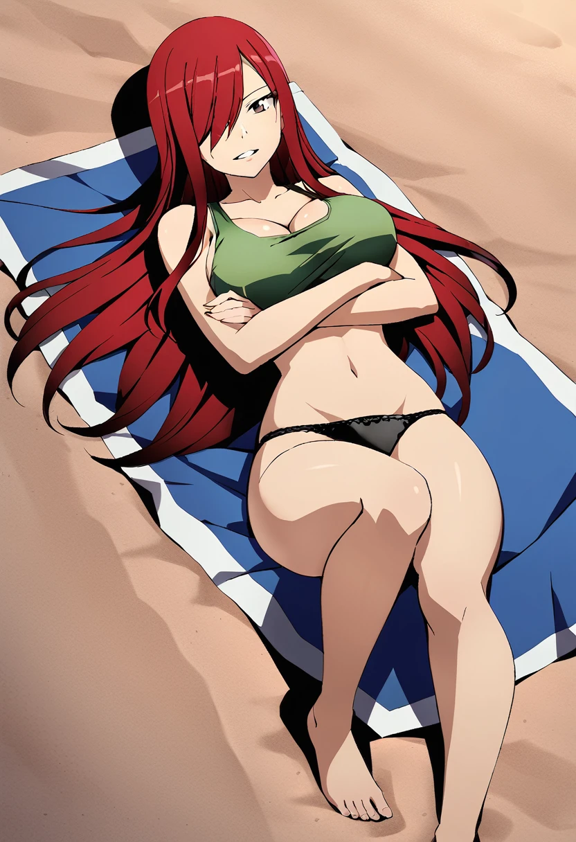 Erza, red hair, navel, crop top, black panties, tank top, collarbone, 1girl, bare shoulders, midriff,cleavage, hair over one eye, large breasts, underwear, long hair,animerza,
beach, sunset, full body, looking at viewer, laying down, ,covered chest, crossed arms,on back, slightly above shot, sleeping, dark green towel, grin, brown eyes
,masterpiece, best quality,