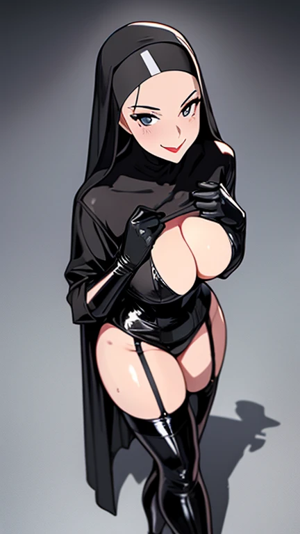 Mature Woman,(Monastic Clothes,High heels,stockings,Long gloves,latex,garter belt),((Succubus disguised as a nun,Sexy nun)),(A seductive smile,Wicked Smile), (From above:1.1), blush, eyelash, Beautiful Eyes, belly button),There is cleavage in the chest, Perfect body, Thick thighs, Wide Hips, Shadow, Villainess,(Mysterious Lipstick),Mole on chest,(Licking fingers,Sticking out tongue）,Sidelong glance,Sweat