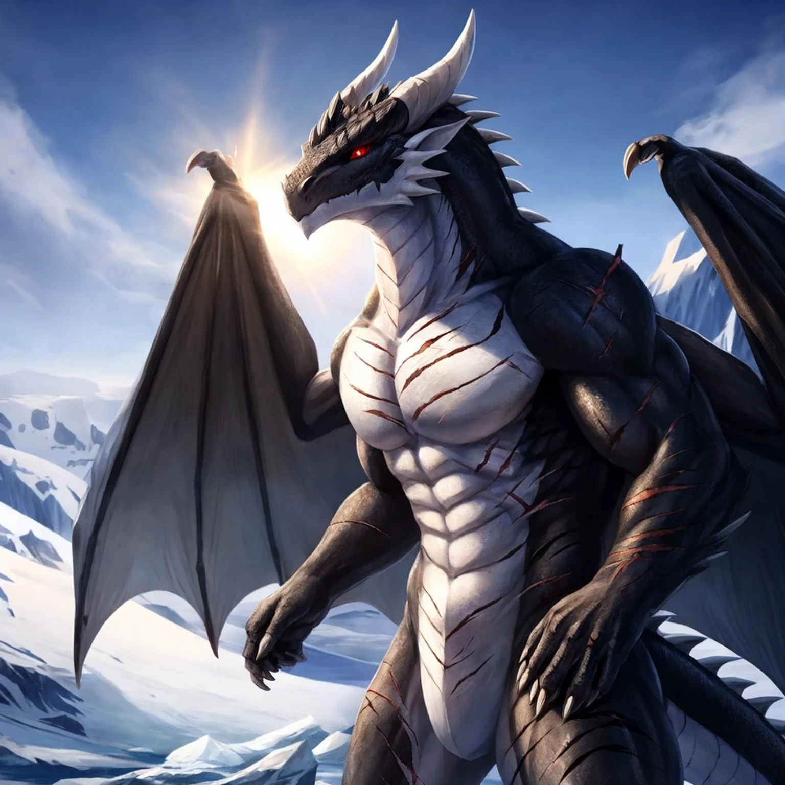 Tall and muscular furry dragon, bright black scales, shimmers in the light, white belly, wings. the whole body is covered in scars, red eyes,  looking away, to the top. High Quality Image,  soft style. Antarctica. Head and chest in the foreground. 