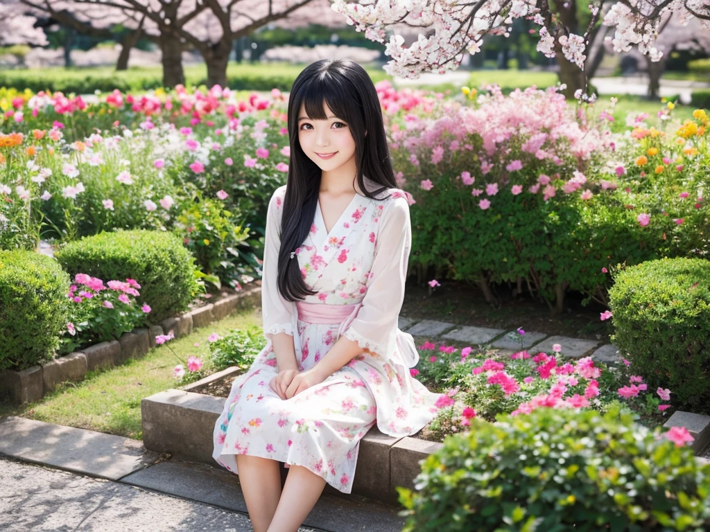 cute girl 

long hair 

(black hair) 

gentle smile 

colorful flower garden 

girl sitting 

clear scenery 

Big cherry trees on the left and right 

japanese girl 

photographed alone 

