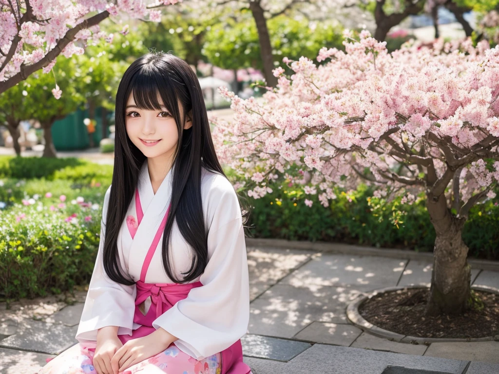 cute girl
long hair
(black hair)
gentle smile
colorful flower garden
girl sitting
clear scenery
Big cherry trees on the left and right
japanese girl
photographed alone