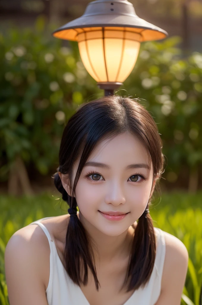 (1 Girl )、(Beautiful Japanese、18years old,round face、Refreshing、clear、seems kind、stylish、Pitiful、cute like an angel、cute、black eyes、,actress,Almond-shaped eyes,Translucent white skin、Beautiful skin), Good style ,(very cute),(Hair tied up,(Black hair),(enchanting eyes),(highlight on eyes:1.2)、(8K、Live shooting、highest quality、masterpiece:1.2、optimal lighting)、((masterpiece)),(Photo taken by a professional photographer),(real、photo real:1.4),break,{ (Cute summer clothes)},(cheeks are red:1.3), break, break,Face shot:1.3、 face close-up,Looking at viewer、(Cleavage:0.5)、From above,happy smile face:1.4,,Japan rice fields,(((night))),Antique lamp glows、Japanese countryside