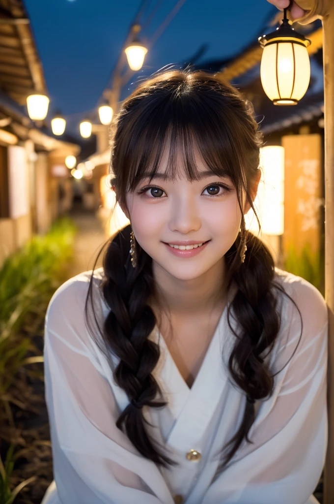 (1 Girl )、(Beautiful Japanese、18years old,round face、Refreshing、clear、seems kind、stylish、Pitiful、cute like an angel、cute、black eyes、,actress,Almond-shaped eyes,Translucent white skin、Beautiful skin), Good style ,(very cute),(Hair tied up,(Black hair),(enchanting eyes),(highlight on eyes:1.2)、(8K、Live shooting、highest quality、masterpiece:1.2、optimal lighting)、((masterpiece)),(Photo taken by a professional photographer),(real、photo real:1.4),break,{ (Cute summer clothes)},(cheeks are red:1.3), break, break,Face shot:1.3、 face close-up,Looking at viewer、(Cleavage:0.5)、From above,happy smile face:1.4,,Japan rice fields,(((night))),Antique lamp glows、Japanese countryside