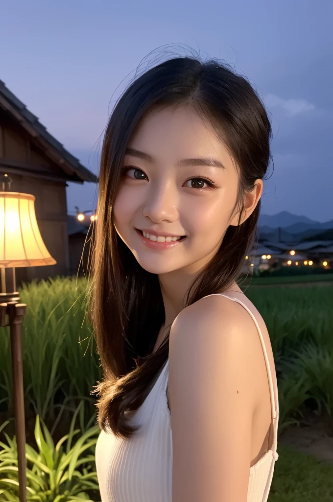 (1 Girl )、(Beautiful Japanese、18years old,round face、Refreshing、clear、seems kind、stylish、Pitiful、cute like an angel、cute、black eyes、,actress,Almond-shaped eyes,Translucent white skin、Beautiful skin), Good style ,(very cute),(Hair tied up,(Black hair),(enchanting eyes),(highlight on eyes:1.2)、(8K、Live shooting、highest quality、masterpiece:1.2、optimal lighting)、((masterpiece)),(Photo taken by a professional photographer),(real、photo real:1.4),break,{ (Cute summer clothes)},(cheeks are red:1.3), break, break,Face shot:1.3、 face close-up,Looking at viewer、(Cleavage:0.5)、From above,happy smile face:1.4,,Japan rice fields,(((night))),Antique lamp glows、Japanese countryside