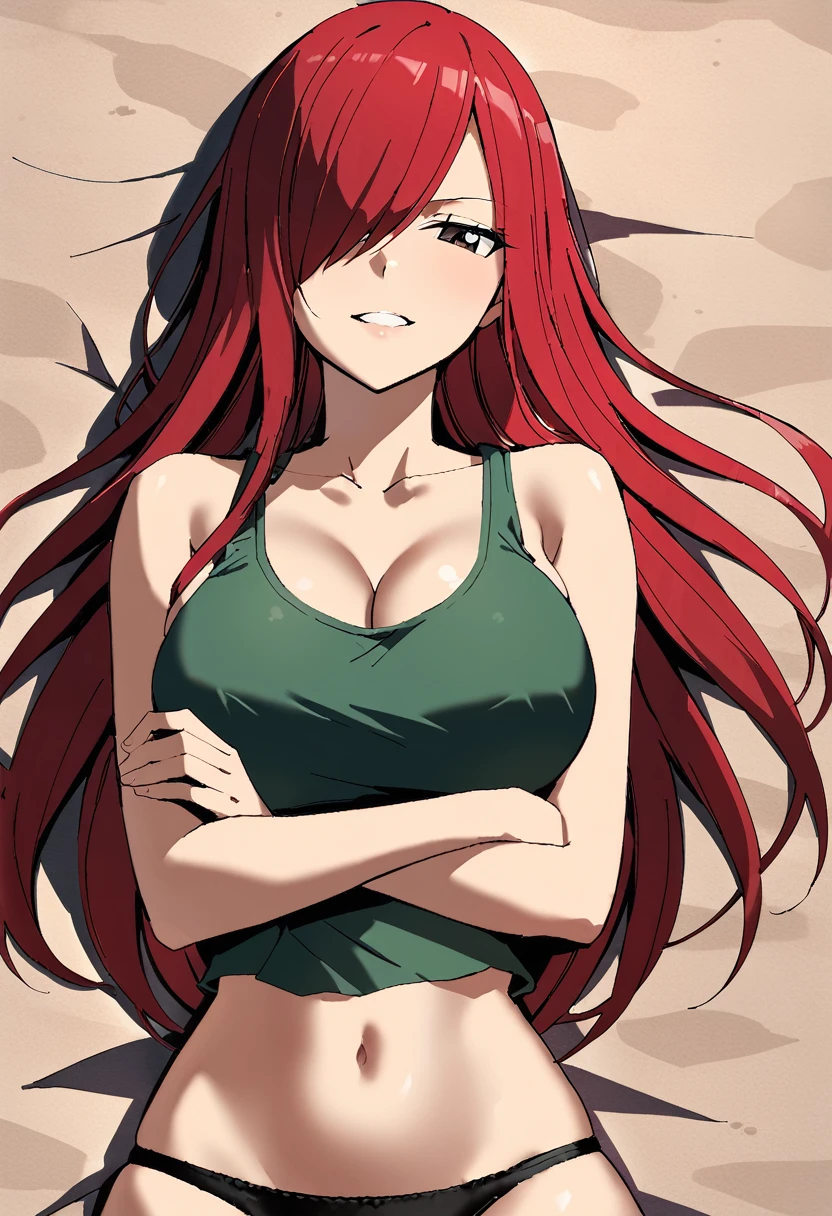 Erza, red hair, navel, crop top, black panties, tank top, collarbone, 1girl, bare shoulders, midriff,cleavage, hair over one eye, large breasts, underwear, long hair,animerza, beach, sunset, looking at viewer, laying down, ,covered chest, crossed arms,on back, slightly above shot, sleeping, dark green towel, grin, brown eyes ,masterpiece, best quality,