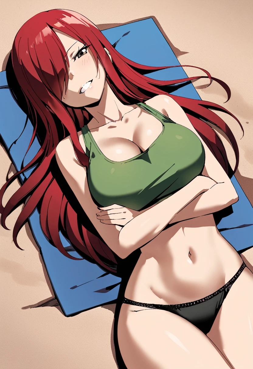 Erza, red hair, navel, crop top, black panties, tank top, collarbone, 1girl, bare shoulders, midriff,cleavage, hair over one eye, large breasts, underwear, long hair,animerza, beach, sunset,  looking at viewer, laying down, ,covered chest, crossed arms,on back, slightly above shot, sleeping, dark green towel, grin, brown eyes ,masterpiece, best quality,
