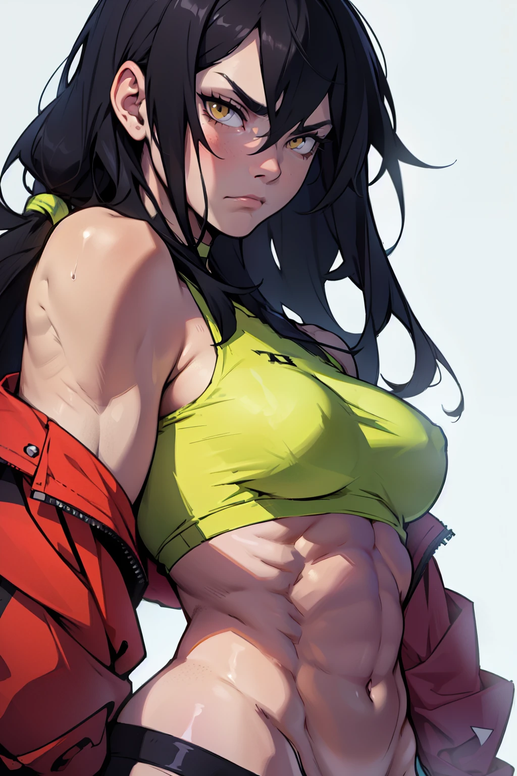 muscular girl perky breasts thick thick thick thick thick black hair yellow eyes pale skin expressionless sad frown