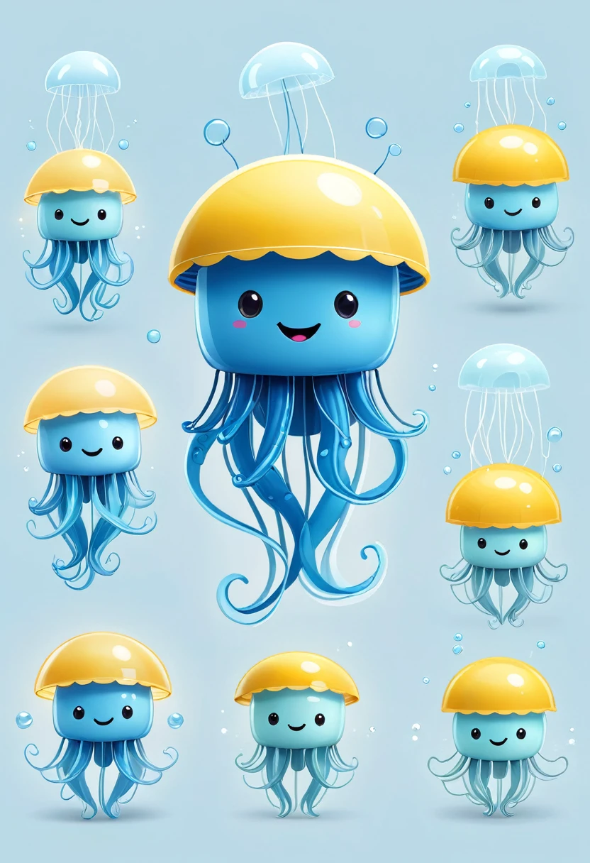 {"prompt":"Create a high-quality, three-view illustration of a cute, jellyfish-inspired robot character for a dental care brand named usmile. The character should embody a soft and charming appeal, with more refined and gentle lines to resonate deeply with young consumers. The color palette should primarily include white, blue, and yellow, enhancing the brand’s identity in innovation and technology. The jellyface robot should feature subtle and high-quality design elements like smooth textures and soft glowing lights, aiming to present a lively and engaging appearance. Keywords: high-quality, jellyfish, robot, refined, gentle, white, blue, yellow, cute, friendly, innovative, technology.","size":"1024x1024"}