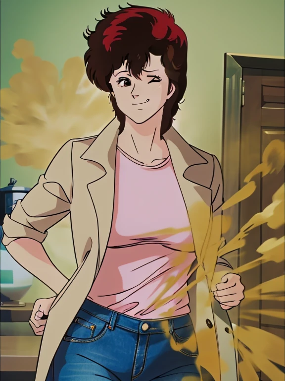 HD, high quality, high resolution, ultrahd,Kaori Makimura, 1female, wearing default outfit, light pink shirt, white coat, wearing coat over tshirt, jeans, default hair, brown hair, very tall body, thin body, massive fart, yellow smoke, velocity, one eye closed, one eye opened, smirking, leaning, bending over, embarrassed, smiling, clenching teeth, alone in a room, beautiful lighting, highlights