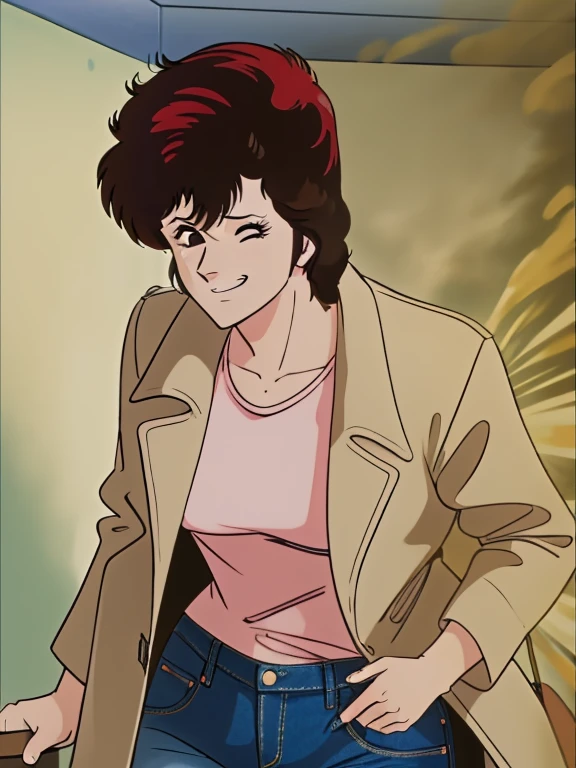 HD, high quality, high resolution, ultrahd,Kaori Makimura, 1female, wearing default outfit, light pink shirt, white coat, wearing coat over tshirt, jeans, default hair, brown hair, very tall body, thin body, massive fart, yellow smoke, velocity, one eye closed, one eye opened, smirking, leaning, bending over, embarrassed, smiling, clenching teeth, alone in a room, beautiful lighting, highlights