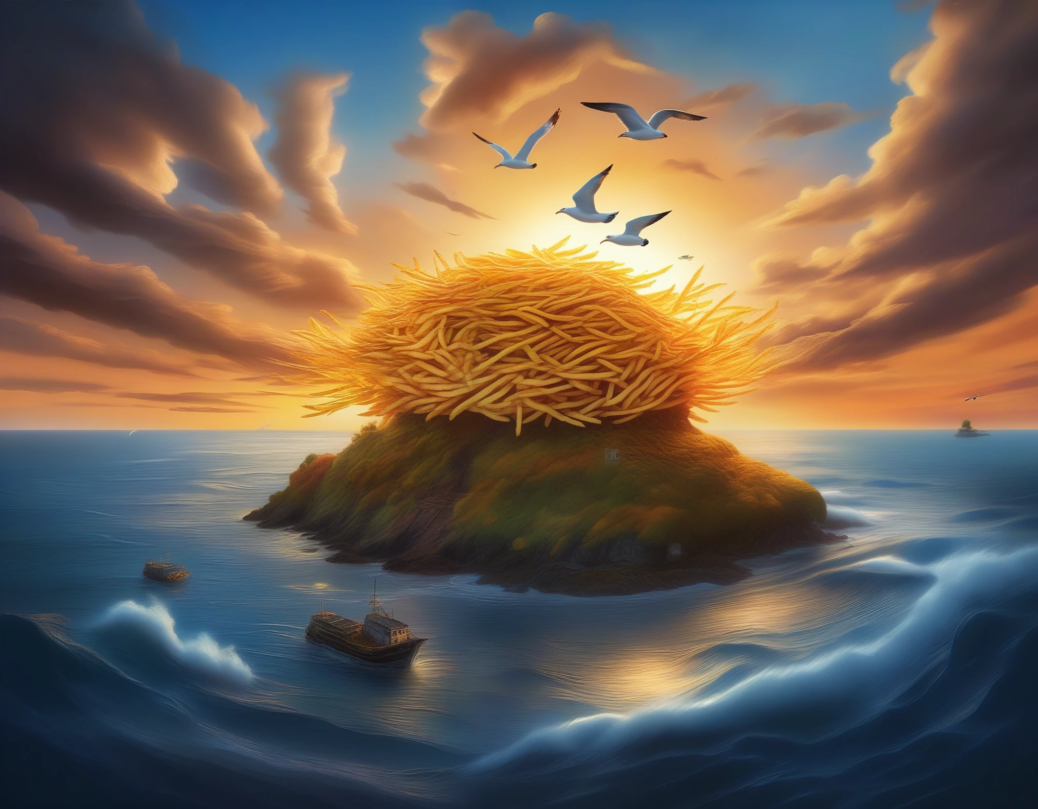 Concept art, islets made of fries, seagulls and fries, sunset, swirling clouds, mysterious sky, oil painted illustration, high contrast, (Masterpiece), (Best Quality), (Ultra high Detailes), intricate details, intricate detail texture, 