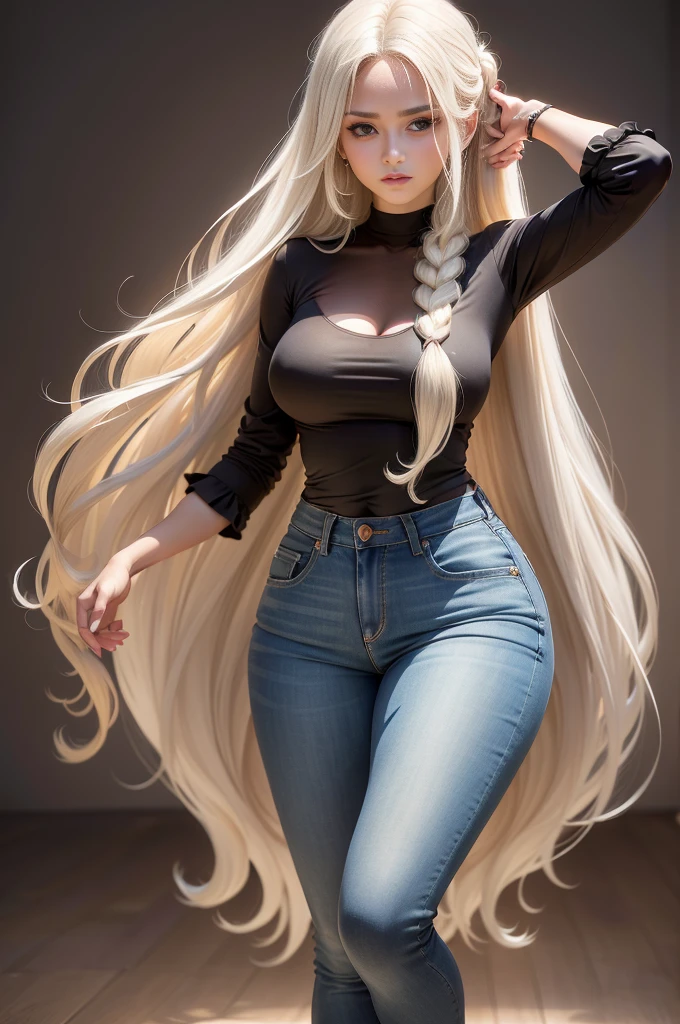 (Mulher linda perfeita deslumbrante, Elegant with long white hair complement feet and high heels), jeans skinny rasgados e camisa justa, mulher cabelo longo salto alto, Sensual, de calcinha e sensual mostrando seus seios bicudos, (mulher alta e magra das mamas lindas, Retrato 8k, Ultra Detalhado), standing pose with long blonde hair, cabelo loiro longo, de calcinha preta, maio preto, hand on head, hand on head, de calcinha, calcinha preta, hand on head, cabelo longo, cabelo loiro, blonde hair,