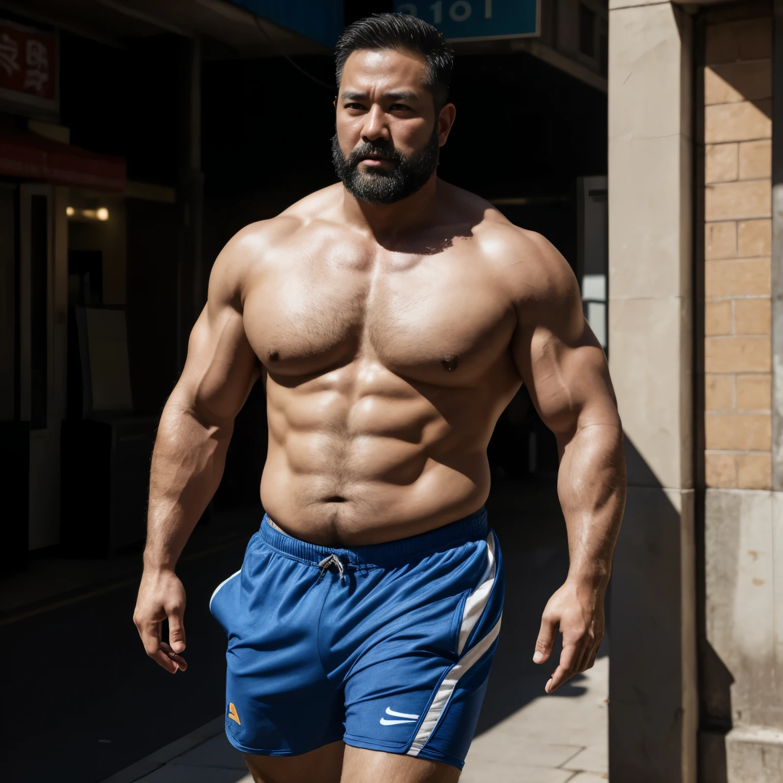 An award-winning original photo,A wild plump east asian uncle man, (45 years old daddy:1.1), 1boy, Solo, handsome, nerdy, stubbles, Short beard, small eyes, detailed eyes:1.1, big round face shape, (Detailed face:1.3), crew cut hair, volumetric lighting, (Best quality, A high resolution, Photorealistic), Cinematic lighting, Masterpiece, RAW photo, Intricate details, hdr, depth of field, full body shot, macho, shirtless, hunk, sports Shorts, in the street,