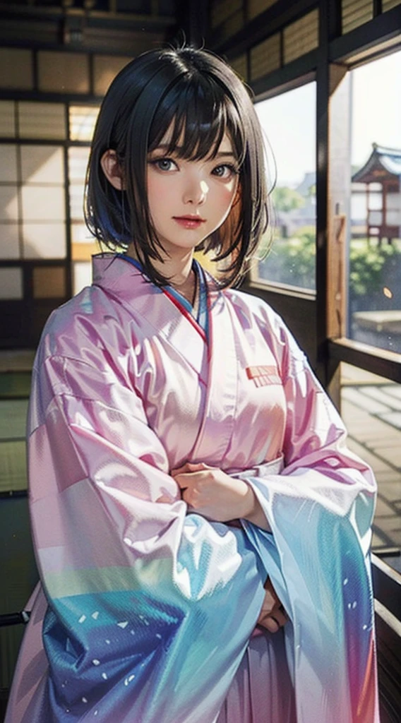 (Realistic)、(Realistic:1.2)、(High resolution)、Very detailed、Very beautiful face and eyes、1 girl、Delicate body、(highest quality、Attention to detail、Rich skin detail)、(highest quality、8k、Oil paint:1.2)、Very detailed、(Realistic、Realistic:1.37)、Bright colors、Full Body Shot,black_hair, Beautiful 8k eyes,Looking_in_Audience,One person in,Are standing,((Very beautiful woman, Fuller lips, Japanese pintern kimono))、((Colorful Japanese kimono)))、(((blackhair)))、(((Blunt bung,short hair)))、((( Inside an old Japanese house with a (short focus :1.4),)))、(masterpiece, highest quality, highest quality, Official Art, beautifully、aesthetic:1.2),(Fractal Art:1.3),Sengoku period、Greg Rutkowski Written by Alphonse Mucha Ropp,short ,uchikake,nishijin ori,(realistic light and shadow), (real and delicate background),(muted colors, dim colors, soothing tones:1.3), low saturation, (hyperdetailed:1.2), (noir:0.4),drow,blurry_light_background, (vibrant color:1.2), cinematic lighting, ambient lighting,Single Shot,Shallow Focus,pink lip,blurry light background,