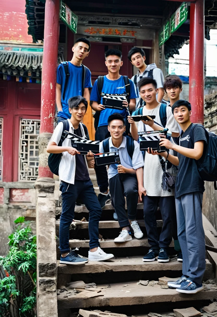 5 Chinese college students，One with a clapperboard，One with a camera，One takes the recording，Standing on a dilapidated staircase，Staggered，台阶两旁是Chinese建筑，Chinese，Boys，Chinese恐怖，Dream Core