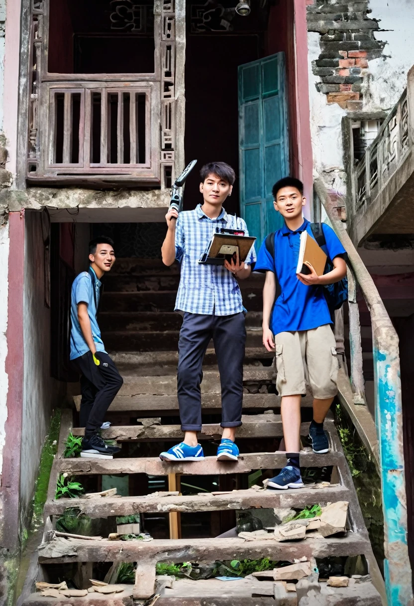 5 Chinese college students，One with a clapperboard，One with a camera，One takes the recording，Standing on a dilapidated staircase，Staggered，台阶两旁是Chinese建筑，Chinese，Boys，Chinese恐怖，Dream Core