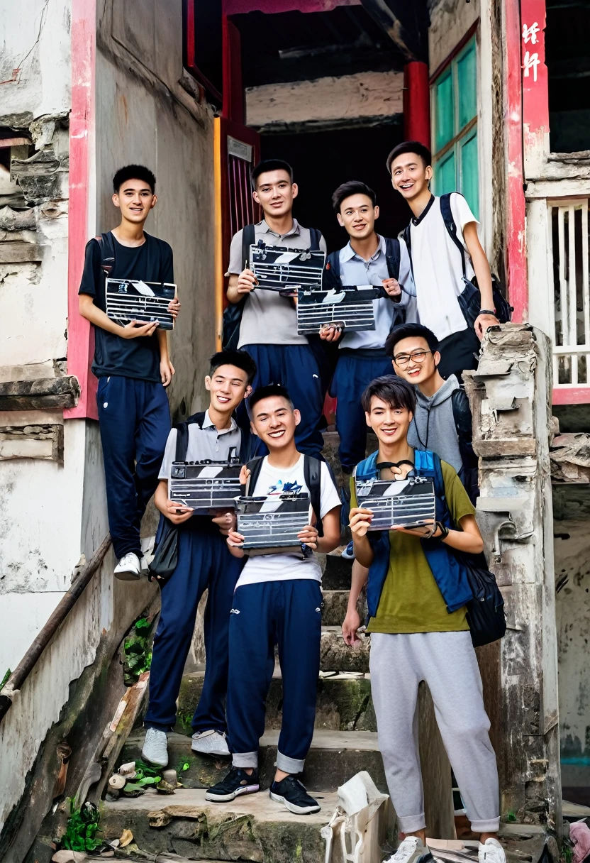 5 Chinese college students，One with a clapperboard，One with a camera，One takes the recording，Standing on a dilapidated staircase，Staggered，台阶两旁是Chinese建筑，Chinese，Boys，Chinese恐怖，Dream Core