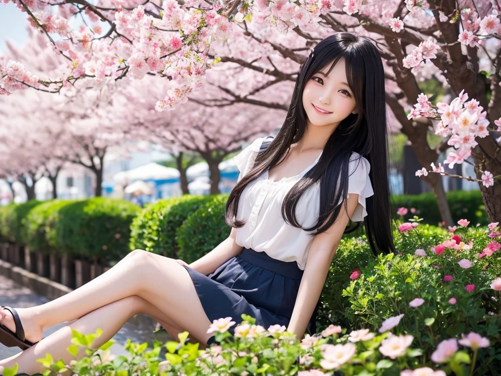 cute girl
long hair
(black hair)
gentle smile
colorful flower garden
girl sitting
clear scenery
Big cherry trees on the left and right
japanese girl
photographed alone