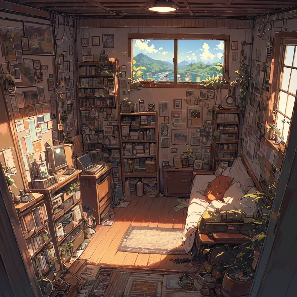 (((distance view, wide shot, long shot))), ((anime:1.4,illustration)),(masterpiece, top quality, best quality),(ultra-detailed, absolutely resolution),((16k, high res)), (((cozy retro landory room))), ((cosy lofi illustration:1.4)), ((anime:1.4, illustration)),(masterpiece, top quality, best quality),(ultra-detailed, absolutely resolution),((16k, high res)) BREAK {lofi art, style of Laurie Greasley, style of Makoto Shinkai, anime aesthetic}, BREAK { (produces images with information than 40 million pixels with cinematic-like detailed textures shot on a Sony SLR).}