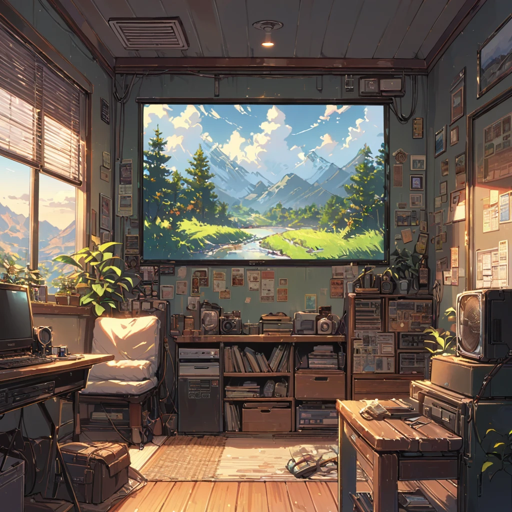 (((distance view, wide shot, long shot))), ((anime:1.4,illustration)),(masterpiece, top quality, best quality),(ultra-detailed, absolutely resolution),((16k, high res)), (((cozy retro landory room))), ((cosy lofi illustration:1.4)), ((anime:1.4, illustration)),(masterpiece, top quality, best quality),(ultra-detailed, absolutely resolution),((16k, high res)) BREAK {lofi art, style of Laurie Greasley, style of Makoto Shinkai, anime aesthetic}, BREAK { (produces images with information than 40 million pixels with cinematic-like detailed textures shot on a Sony SLR).}