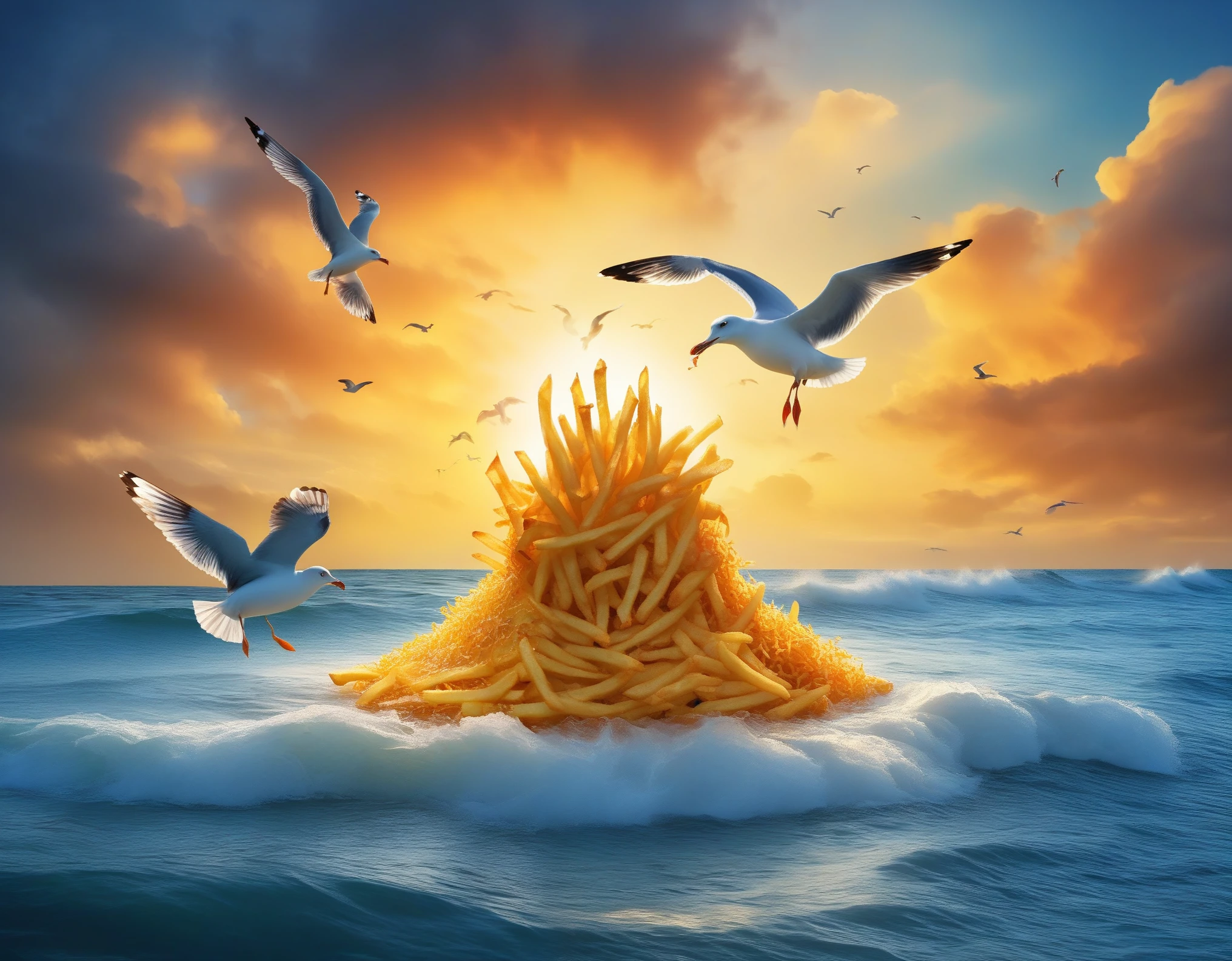 Concept art, islets made of French fries, seagulls and fries, (seagull with small fish in its mouth), sunset, swirling clouds, mysterious sky, oil painted illustrations, high contrast,