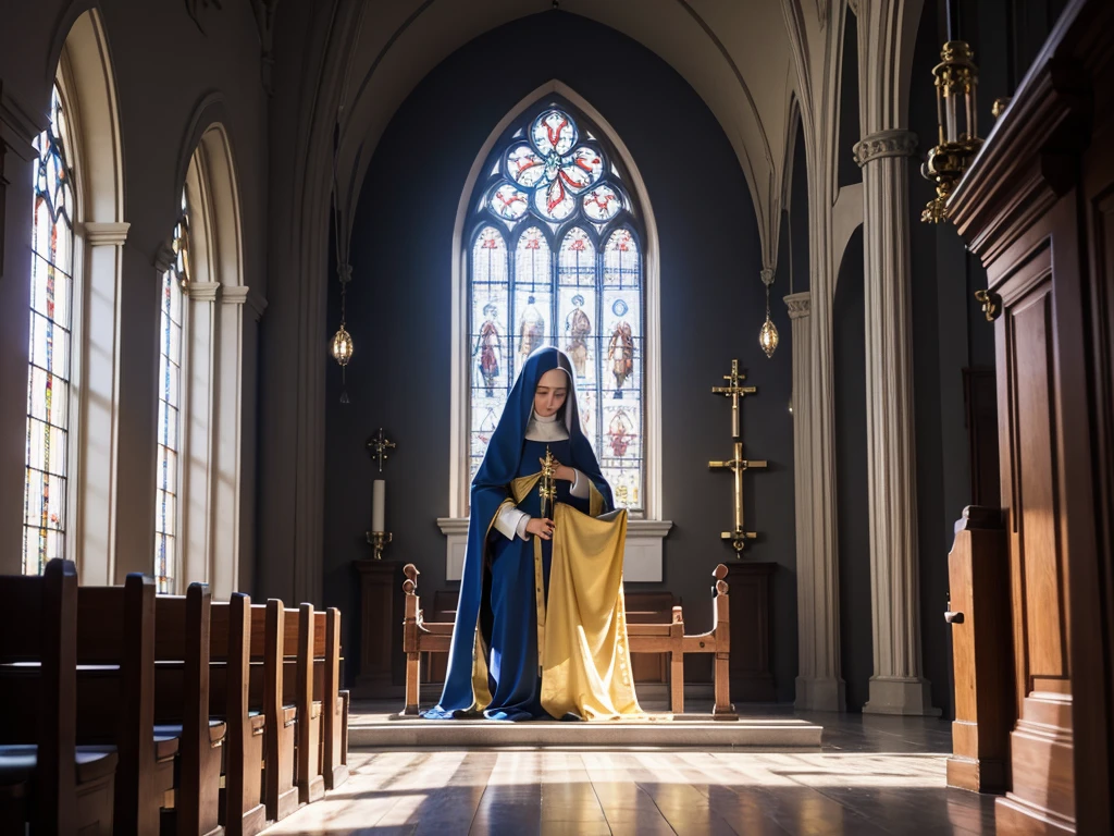 Virgin Mary in church，prayer，There is sunshine by the window