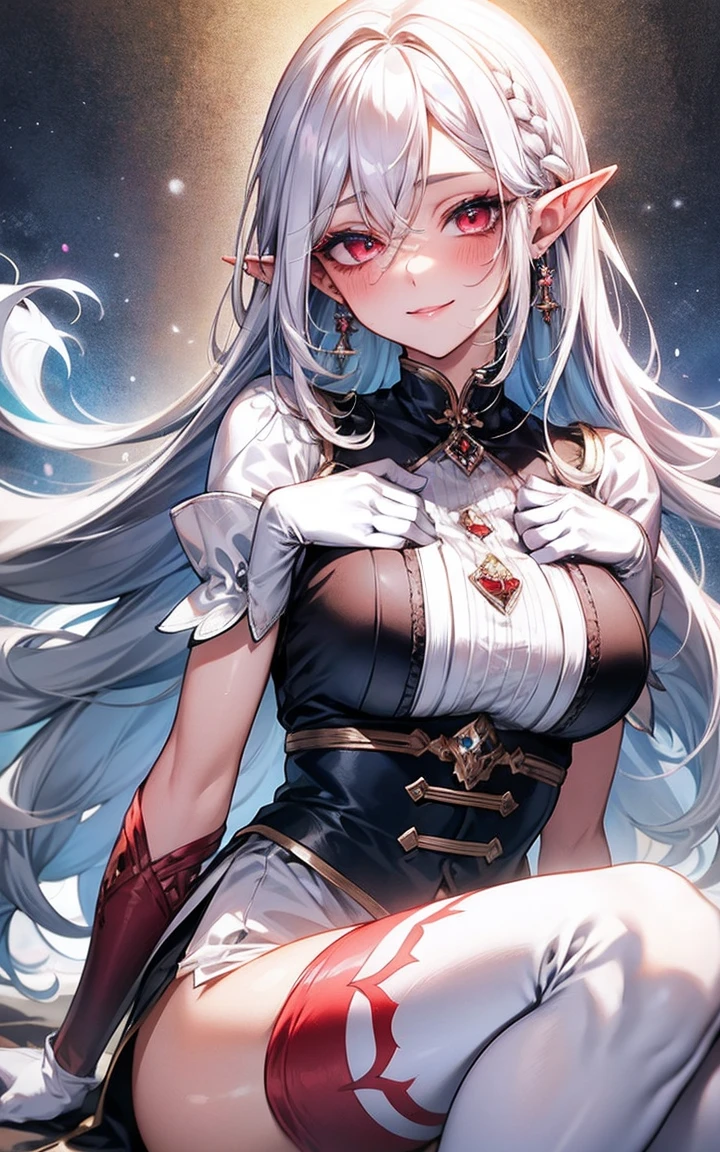
White Hair, Long Hair、Red eyes ,Blue eyeshadow, One Girl, alone, , Earrings ,Show Viewer, blush, , long white elbow satin gloves, Clothing covering the chest Jewelry, very, A kind smile, Long white elbow gloves, White gloves, 、whole body、sexy、Knee-high socks、Sweaty。High resolution、8k、Attractive legs、Brown Skin Elf

