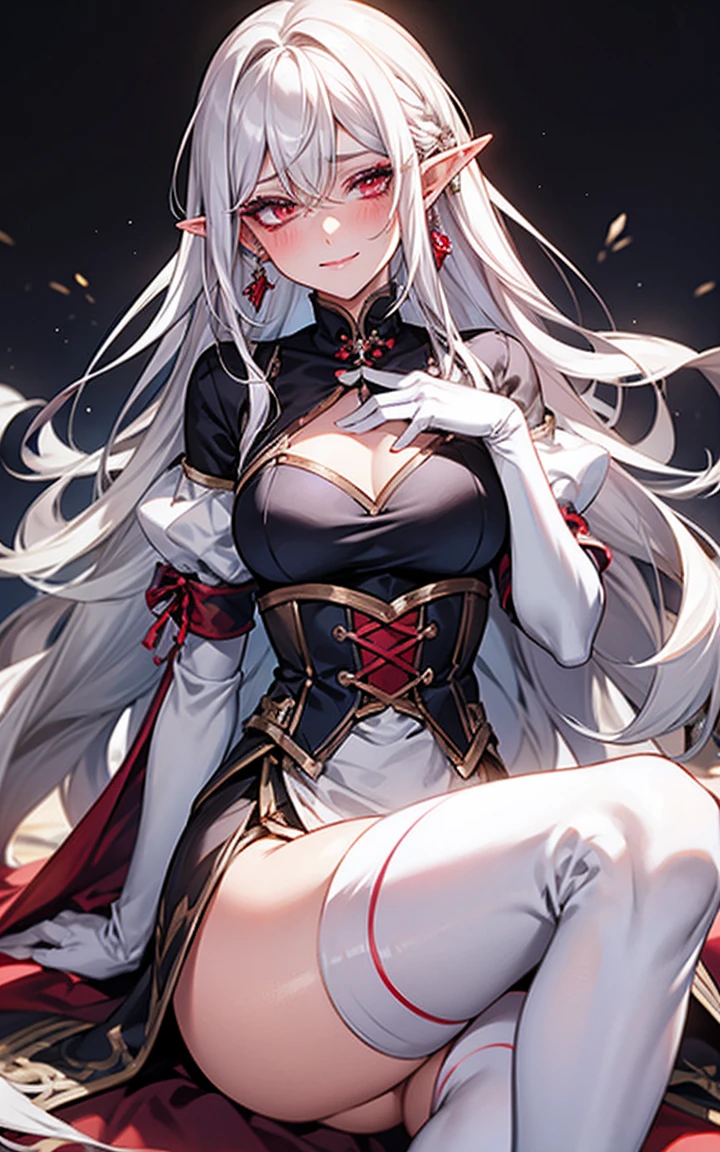 White Hair, Long Hair、Red eyes ,Blue eyeshadow, One Girl, alone, , Earrings ,Show Viewer, blush, , long white elbow satin gloves, Clothing covering the chest Jewelry, very, A kind smile, Long white elbow gloves, White gloves, 、whole body、sexy、Knee-high socks、Sweaty。High resolution、8k、Attractive legs、Brown Skin Elf
