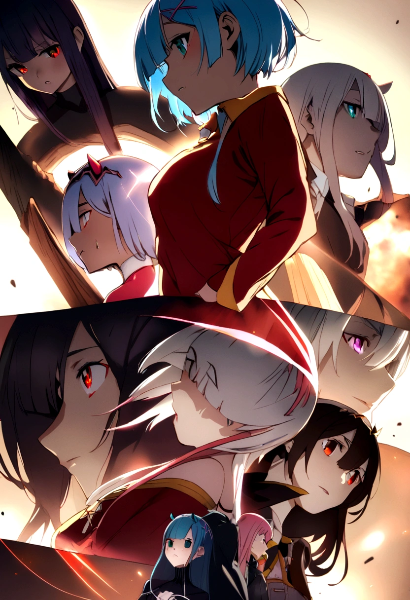 Roxy, Megumin, Zero two, Rem, Echidna, mirando al horizonte del rey demonio