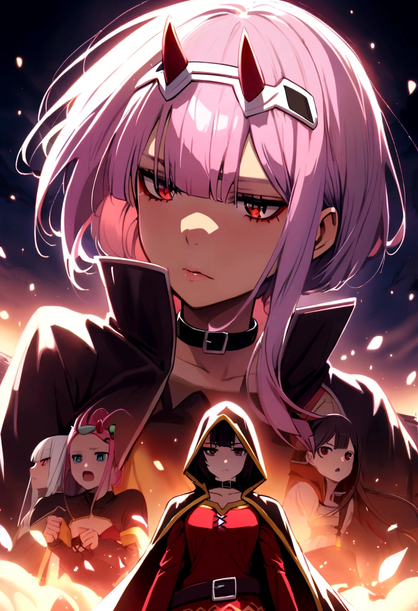 Roxy, Megumin, Zero two, Rem, Echidna, mirando al horizonte del rey demonio
