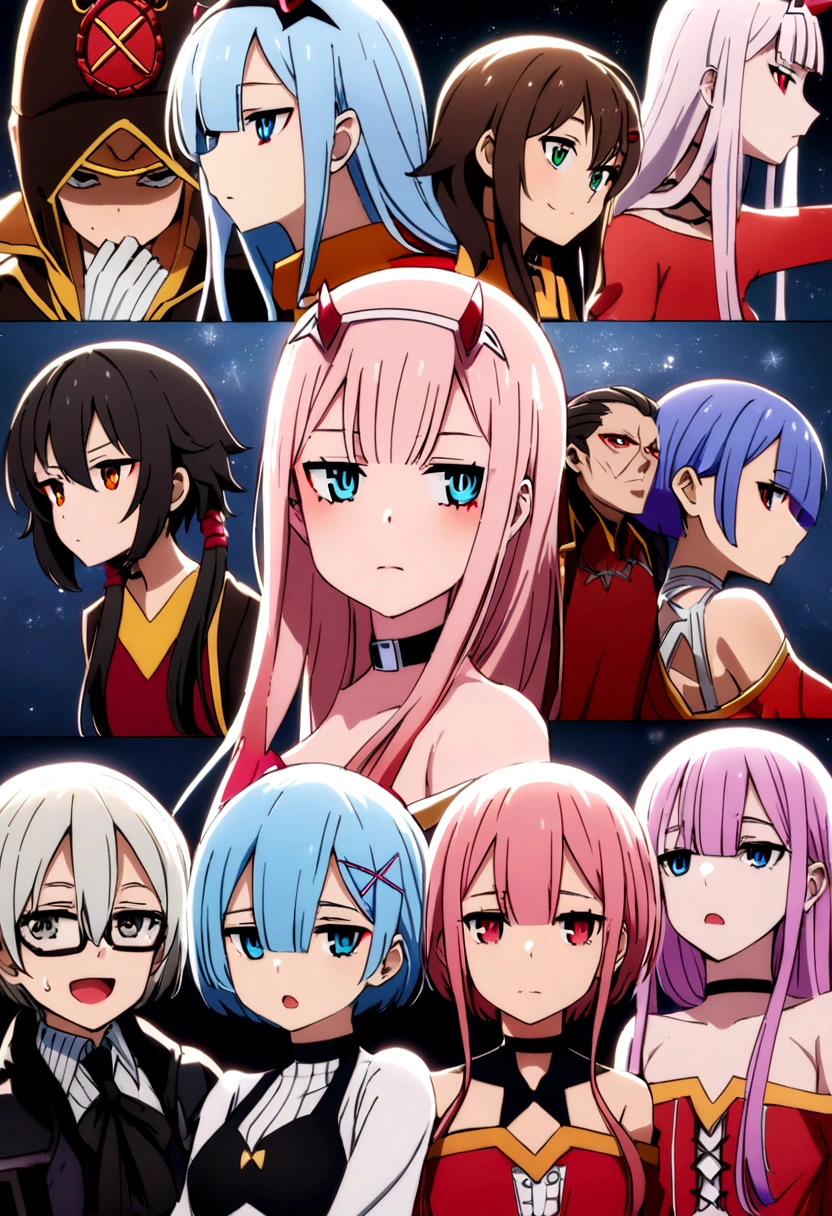 Roxy, Megumin, Zero two, Rem, Echidna, mirando al horizonte del rey demonio 