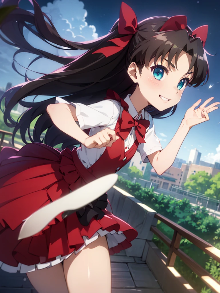masterpiece, best quality, rin tohsaka, solo, long hair, black hair, two side up, aqua eyes, bow, hair bow, 10yo, (petite),
smile, standing, small breasts, maid, night, park,