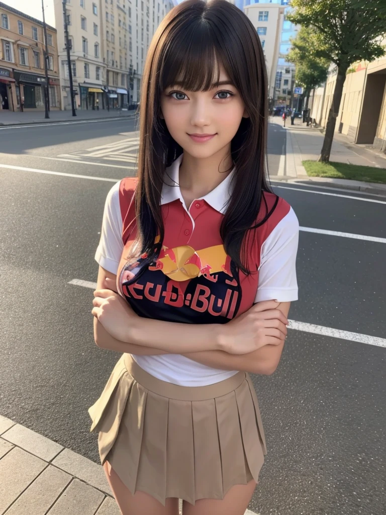 (8k, RAW Photos, Highest quality, masterpiece:1.2), (Realistic, photo-Realistic:1.4), (Highly detailed 8K wallpapers), ((Full Body Shot)), (1 girl), Sharp focus, Depth of written boundary, Cinematic lighting, Soft Light, 緻密な美しさのeye, eye_Chan, Very beautiful 17 year old girl, innocent big eyes, Realistic, photo Realistic, Highly detailed cute girl, (Thin thighs), (Model Body Type), 18-year-old, (((F1 Oracle Red Bull Racing polo shirt))), ((Micro Mini Pleated Skirt)), (((Fold your arms in front of your chest and act arrogantly))), ((A happy smile)), Parted lips, Watching the audience, (On the streets of Britain) , (Brown Hair),（Long Bob Hair), (Asymmetrical bangs)