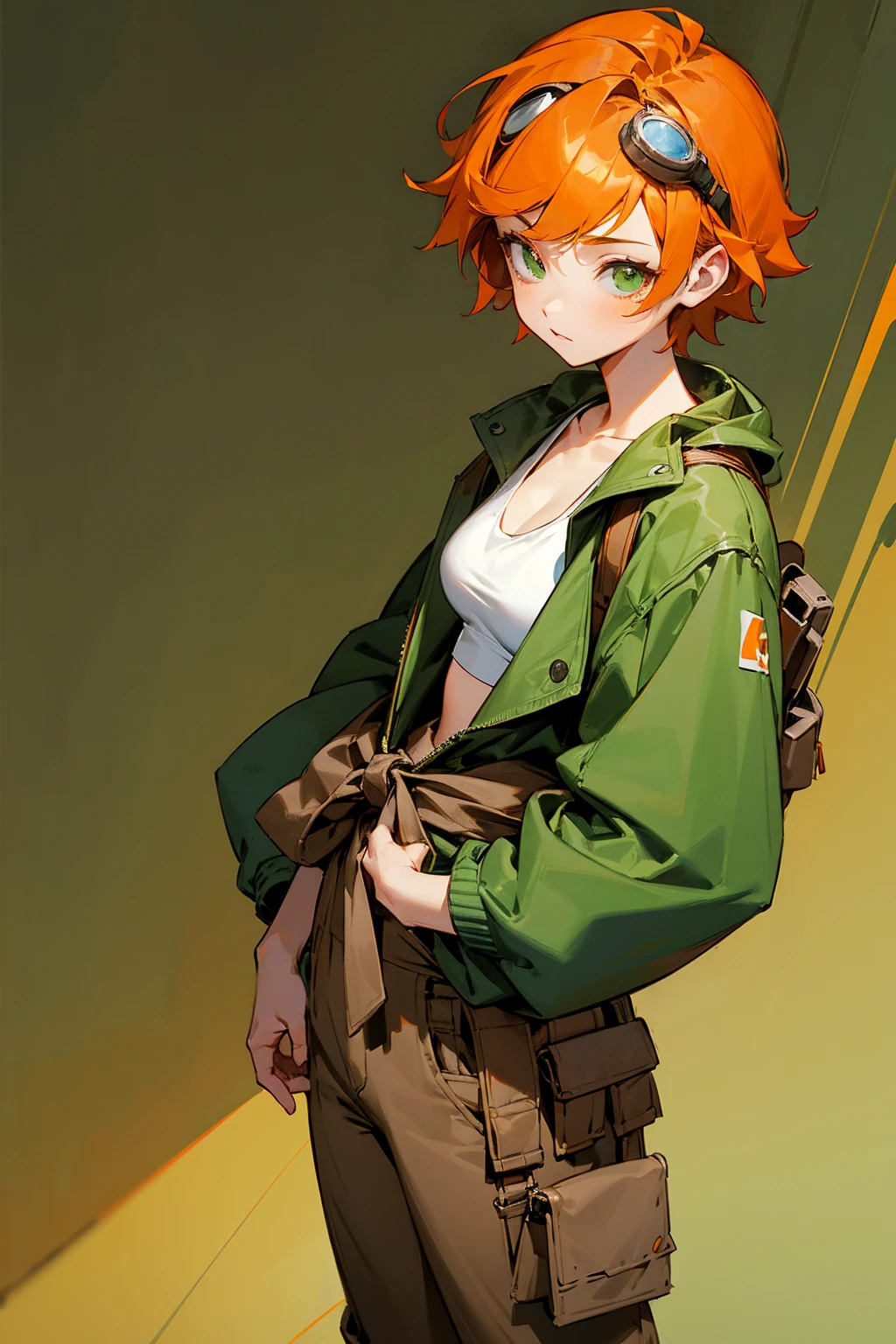 1female, orange hair, short scruffy hair, engineering goggles on head, green eyes, white tanktop, brown baggy pants, jacket tied around waist, work area background, detailed background, hands to side, standing on path