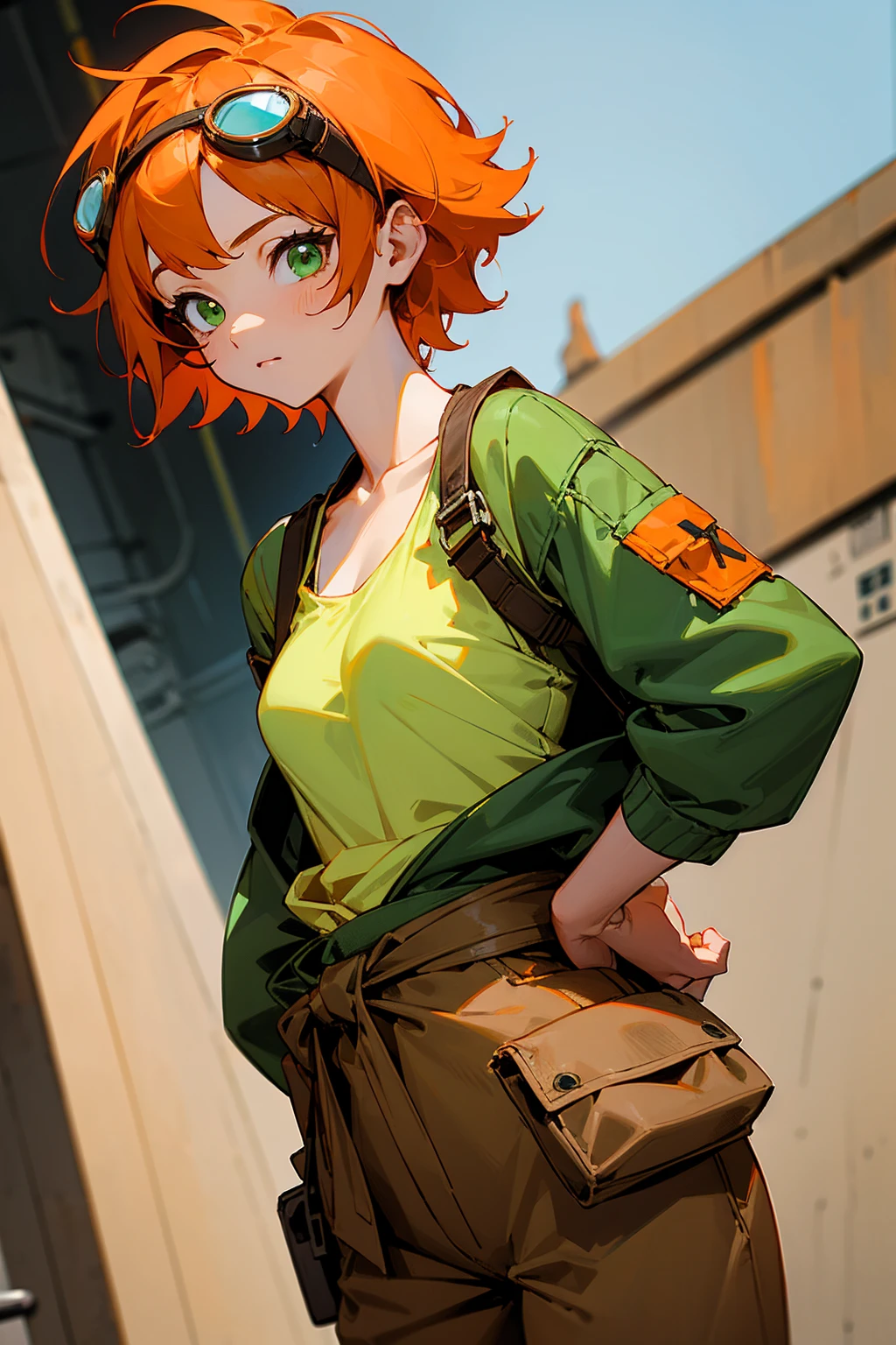 1female, orange hair, short scruffy hair, engineering goggles on head, green eyes, white tanktop, brown baggy pants, jacket tied around waist, work area background, detailed background, hands to side, standing on path