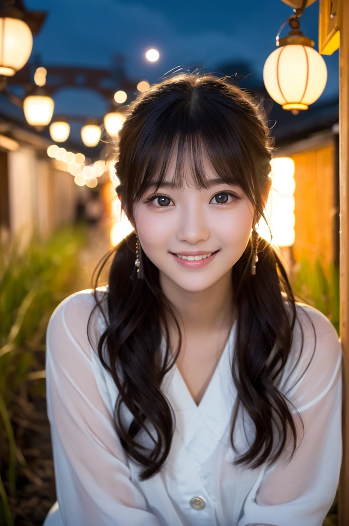 (1 Girl )、(Beautiful Japanese、18years old,round face、Refreshing、clear、seems kind、stylish、Pitiful、cute like an angel、cute、black eyes、,actress,Almond-shaped eyes,Translucent white skin、Beautiful skin), Good style ,(very cute),(Hair tied up,(Black hair),(enchanting eyes),(highlight on eyes:1.2)、(8K、Live shooting、highest quality、masterpiece:1.2、optimal lighting)、((masterpiece)),(Photo taken by a professional photographer),(real、photo real:1.4),break,{ (Cute summer clothes)},(cheeks are red:1.3), break, break,Face shot:1.3、 face close-up,Looking at viewer、(Cleavage:0.5)、From above,happy smile face:1.4,,Japan rice fields,(((night))),Antique lamp glows、Japanese countryside、Festivals