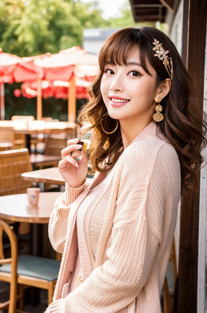 Family restaurant parking lot, full-time housewife, ((full body)), ((photo)), ((best qualtiy, 8K, tmasterpiece:1.3)), Focus:1.2, perfect figure beautiful girl:1.4, 1girl, cowboy shot, look at viewer, incredibly absurd, beautiful and cute girl with a photorealistic face, showcasing top-quality craftsmanship, Japanese woman eating at a family restaurant, 21 years old, medium-long brown hair, parted in the middle with curls at the ends, bangs cut above the eyes, naturally rounded hairline, large chocolate brown eyes, long eyelashes, pinky lips, slightly high nose, oval face, fine skin, plump cheeks, soft chin, gentle smile, glamorous, fair skin, large buttocks, beautiful D-cup breasts, beige dress, pink cardigan, floral scarf, earrings, hair accessory, pretty older woman, beautiful, glamorous, gentle, attentive, passionate, curious, loves to talk, September