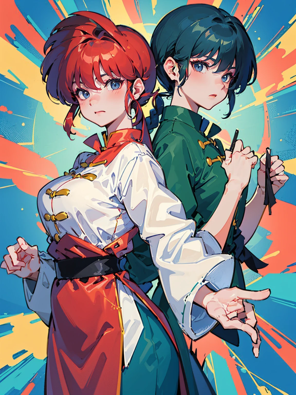 ((masterpiece:1.4)), expensive quality, very_expensive_solve, big_file size, Full Color, Thick outline, Clear contours, colorful, (Beautiful fine details, Are thin:1.4), ((Beautiful Face:1.0)), ((Boyish face:1.4)), 1 girl, (Ranma), (Redhead), short hair, (Braided Ponytail), ((bangs)), bumpy bangs, Blue-gray eyes, Big Breasts, Curvy, Ranma, Braided Ponytail, (Red Chinese Clothing), No sleeve, Tangzhuang, Black trousers, Are standing, ((, Are thin:1.4)), ((from the front:1.4)), Are thin:1.4
