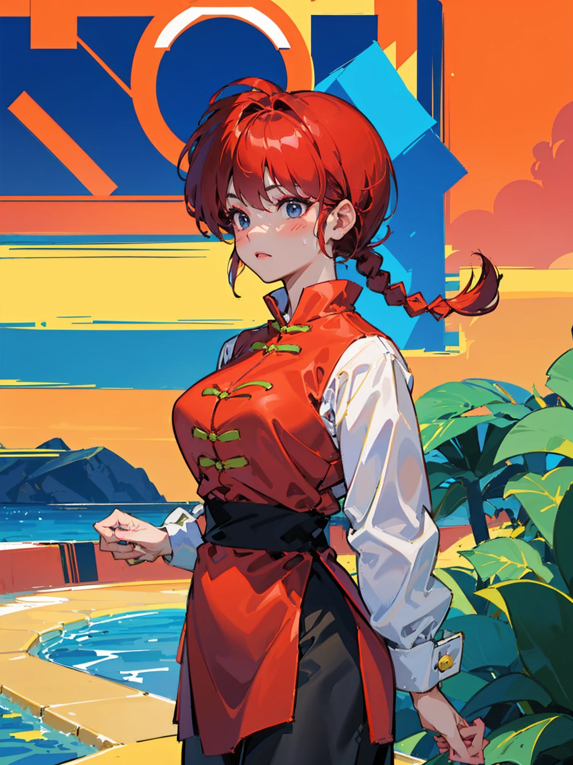 ((masterpiece:1.4)), expensive quality, very_expensive_solve, big_file size, Full Color, Thick outline, Clear contours, colorful, (Beautiful fine details, Are thin:1.4), ((Beautiful Face:1.0)), ((Boyish face:1.4)), 1 girl, (Ranma), (Redhead), short hair, (Braided Ponytail), ((bangs)), bumpy bangs, Blue-gray eyes, Big Breasts, Curvy, Ranma, Braided Ponytail, (Red Chinese Clothing), No sleeve, Tangzhuang, Black trousers, Are standing, ((, Are thin:1.4)), ((from the front:1.4)), Are thin:1.4
