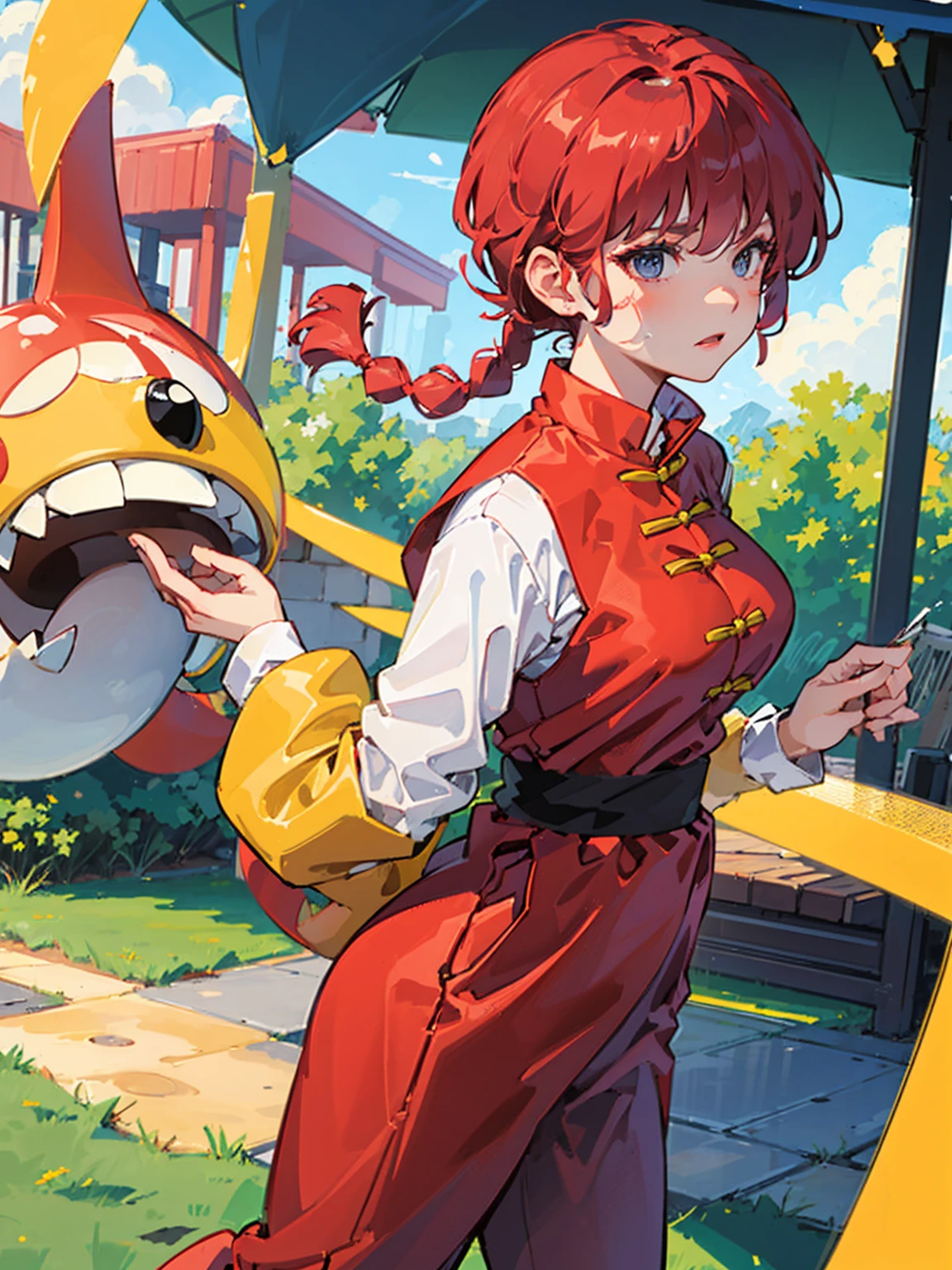 ((masterpiece:1.4)), expensive quality, very_expensive_solve, big_file size, Full Color, Thick outline, Clear contours, colorful, (Beautiful fine details, Are thin:1.4), ((Beautiful Face:1.0)), ((Boyish face:1.4)), 1 girl, (Ranma), (Redhead), short hair, (Braided Ponytail), ((bangs)), bumpy bangs, Blue-gray eyes, Big Breasts, Curvy, Ranma, Braided Ponytail, (Red Chinese Clothing), No sleeve, Tangzhuang, Black trousers, Are standing, ((, Are thin:1.4)), ((from the front:1.4)), Are thin:1.4
