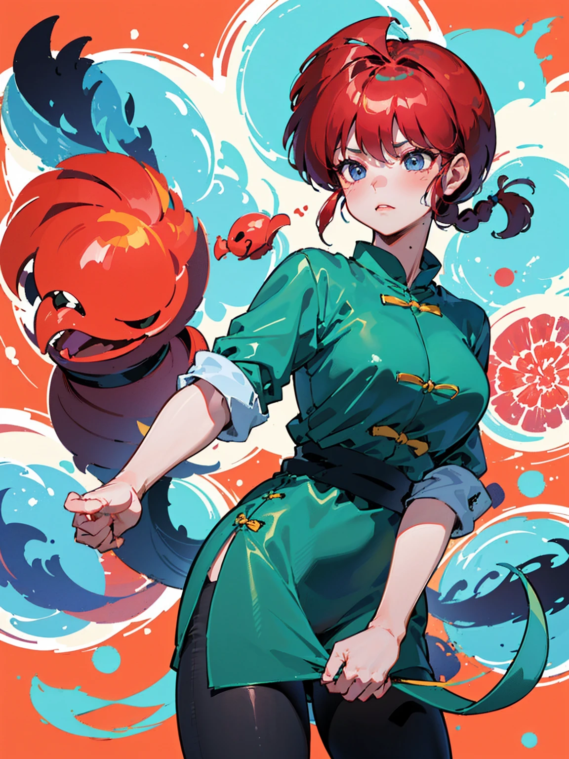 ((masterpiece:1.4)), expensive quality, very_expensive_solve, big_file size, Full Color, Thick outline, Clear contours, colorful, (Beautiful fine details, Are thin:1.4), ((Beautiful Face:1.0)), ((Boyish face:1.4)), 1 girl, (Ranma), (Redhead), short hair, (Braided Ponytail), ((bangs)), bumpy bangs, Blue-gray eyes, Big Breasts, Curvy, Ranma, Braided Ponytail, (Red Chinese Clothing), No sleeve, Tangzhuang, Black trousers, Are standing, ((, Are thin:1.4)), ((from the front:1.4)), Are thin:1.4